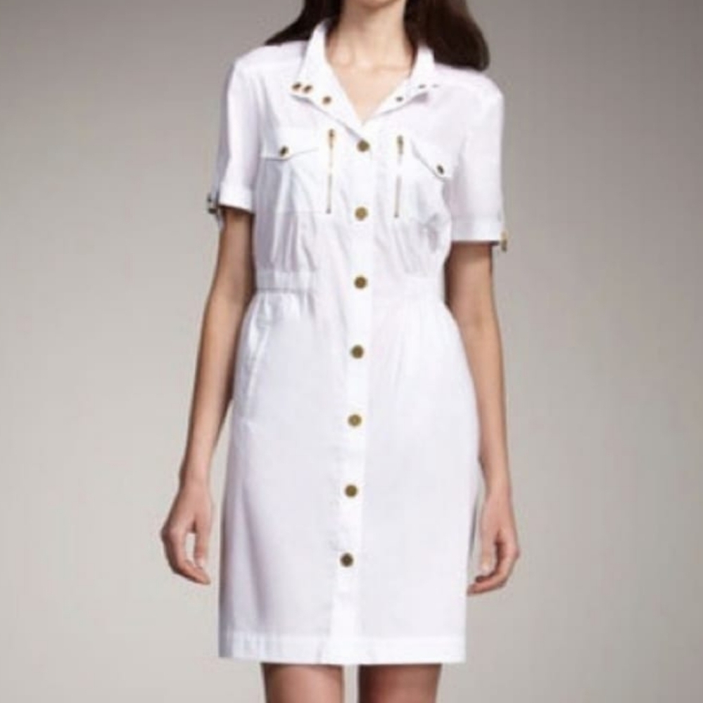 Tory Burch Rebecca White Cotton Blend Cargo Shirt Dress